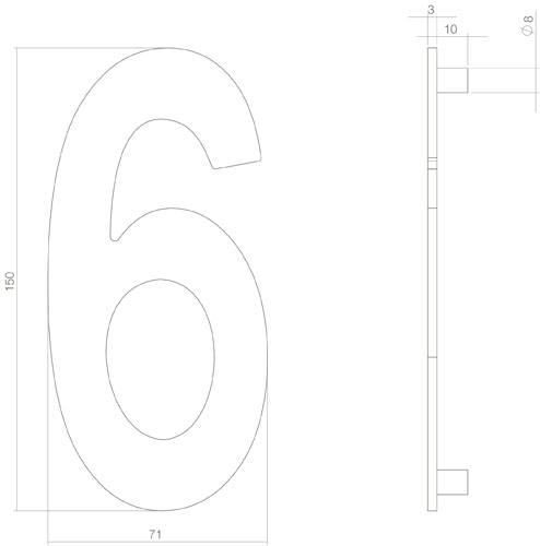 Tek. huisnummer 6 PVD messing getrommeld 150x3mm - Intersteel 0011.402046 - Deurbeslag-en-meer.nl