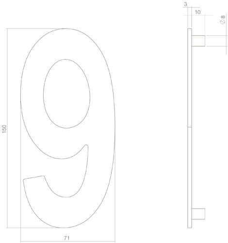 Tek. huisnummer 9 PVD messing getrommeld 150x3mm - Intersteel 0011.402049 - Deurbeslag-en-meer.nl