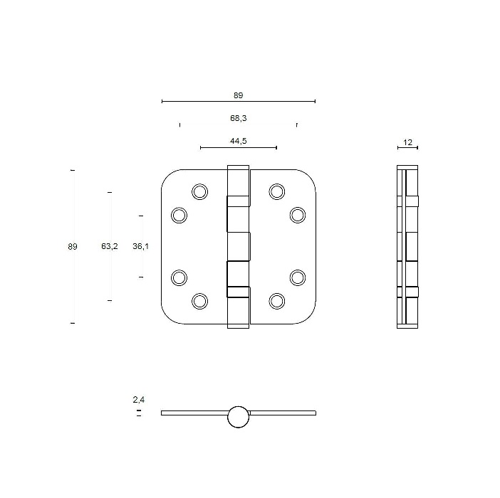 Tek. kogellagerscharnier PVD gepolijst koper 89x89mm LBSA8989 afgerond - Formani 1513Z004IKXX0 - Deurbeslag-en-meer.nl