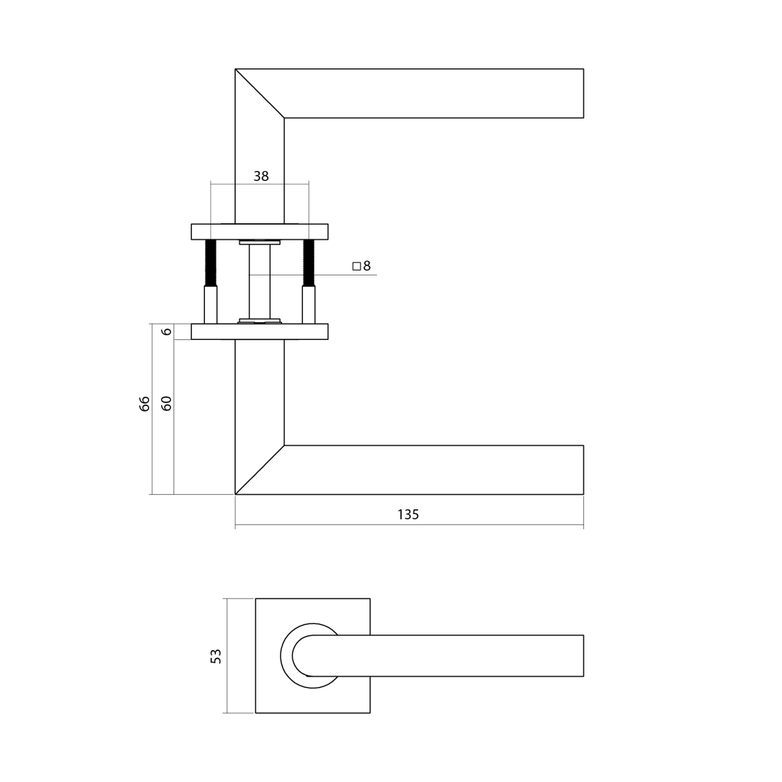 Tek. Deurkruk Q 04 op vierkant rozet - Intersteel 13...103402 - Deurbeslag-en-meer.nl