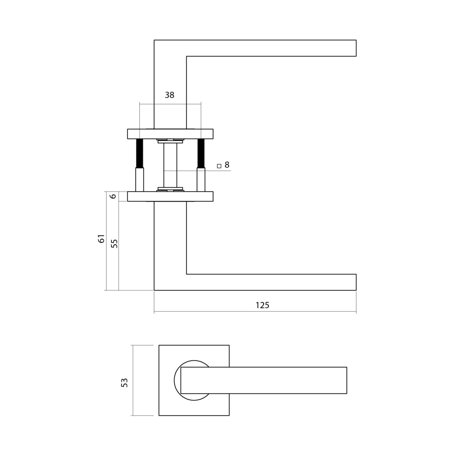 Tek. Deurkruk Q 05 op vierkant rozet - Intersteel 13...103502 - Deurbeslag-en-meer.nl