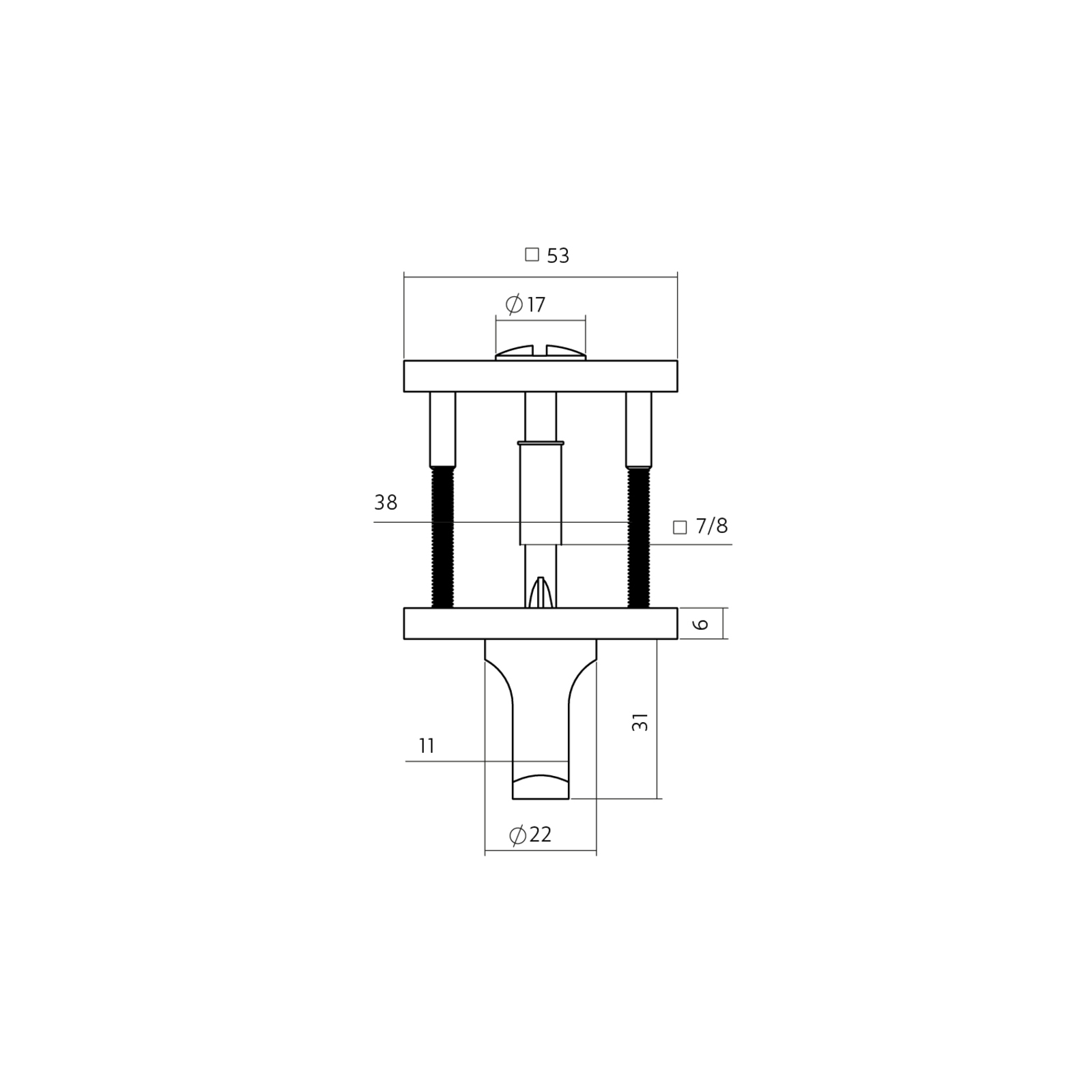 Tek. rozet toilet-/badkamersluiting vierkant 53x53x6mm verdekt 6-8mm - Intersteel 13...103061 - Deurbeslag-en-meer.nl