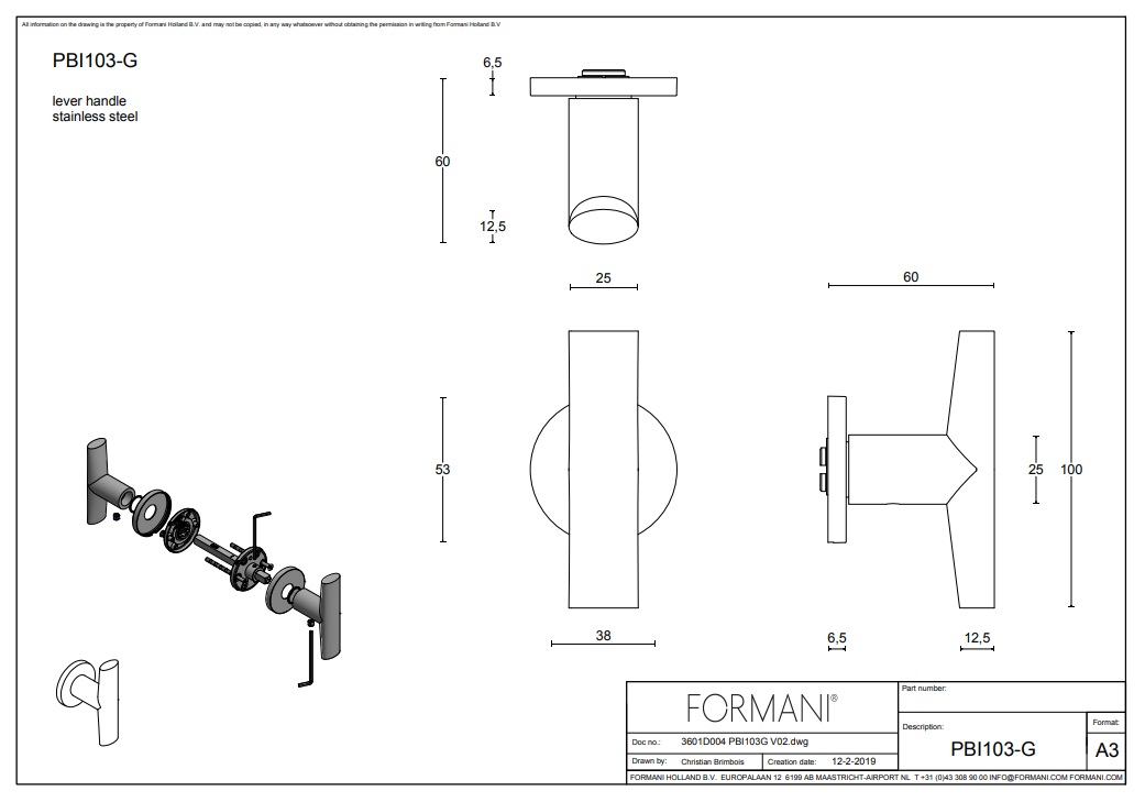 Tek. deurkruk PBI103-G mat RVS op rond rozet - Formani 3601D004INXX0 - Deurbeslag-en-meer.nl