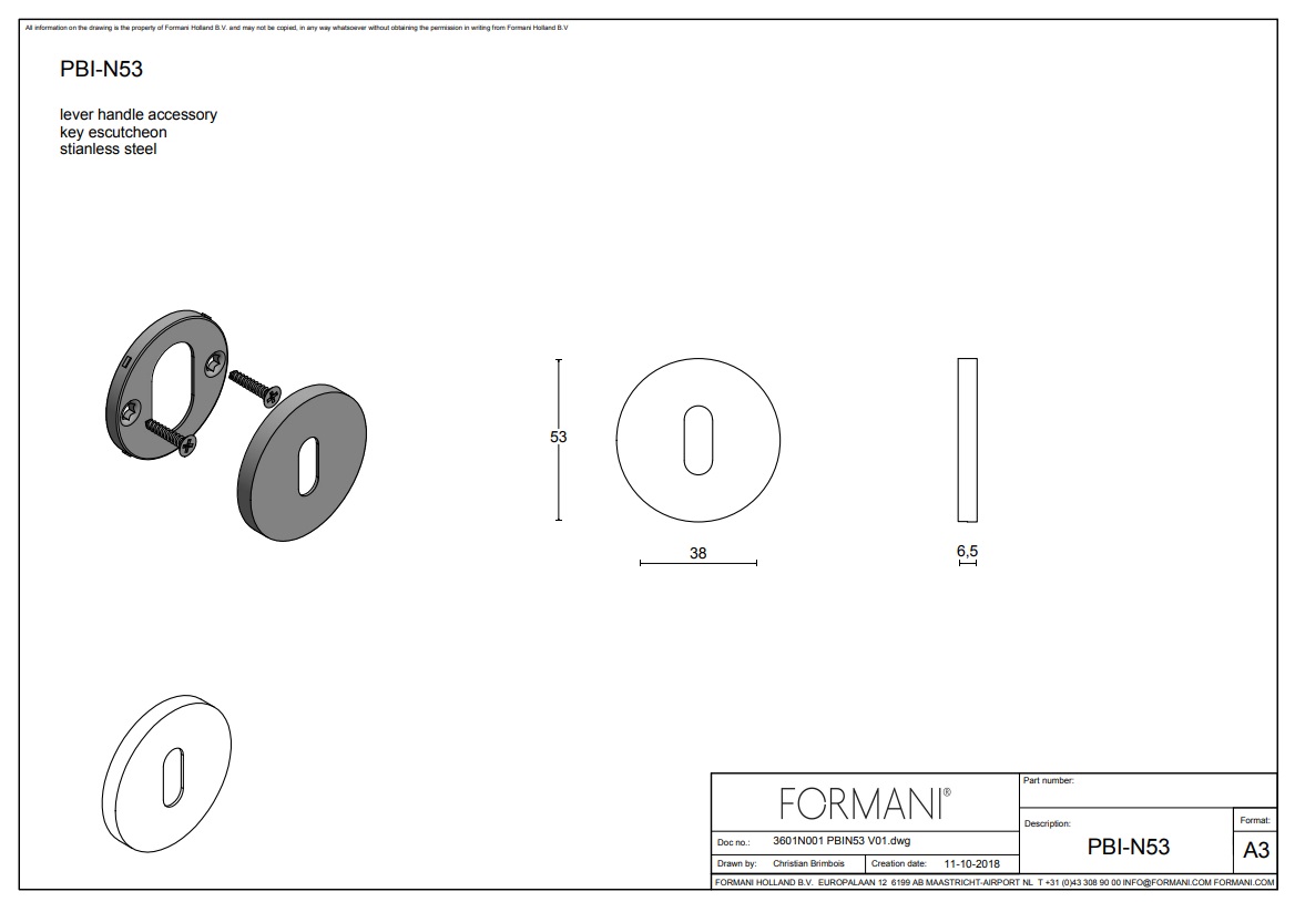 Tek. sleutelplaatje PBIN53 mat RVS rond 53x6.5mm - Formani 3601N001INXX0 - Deurbeslag-en-meer.nl