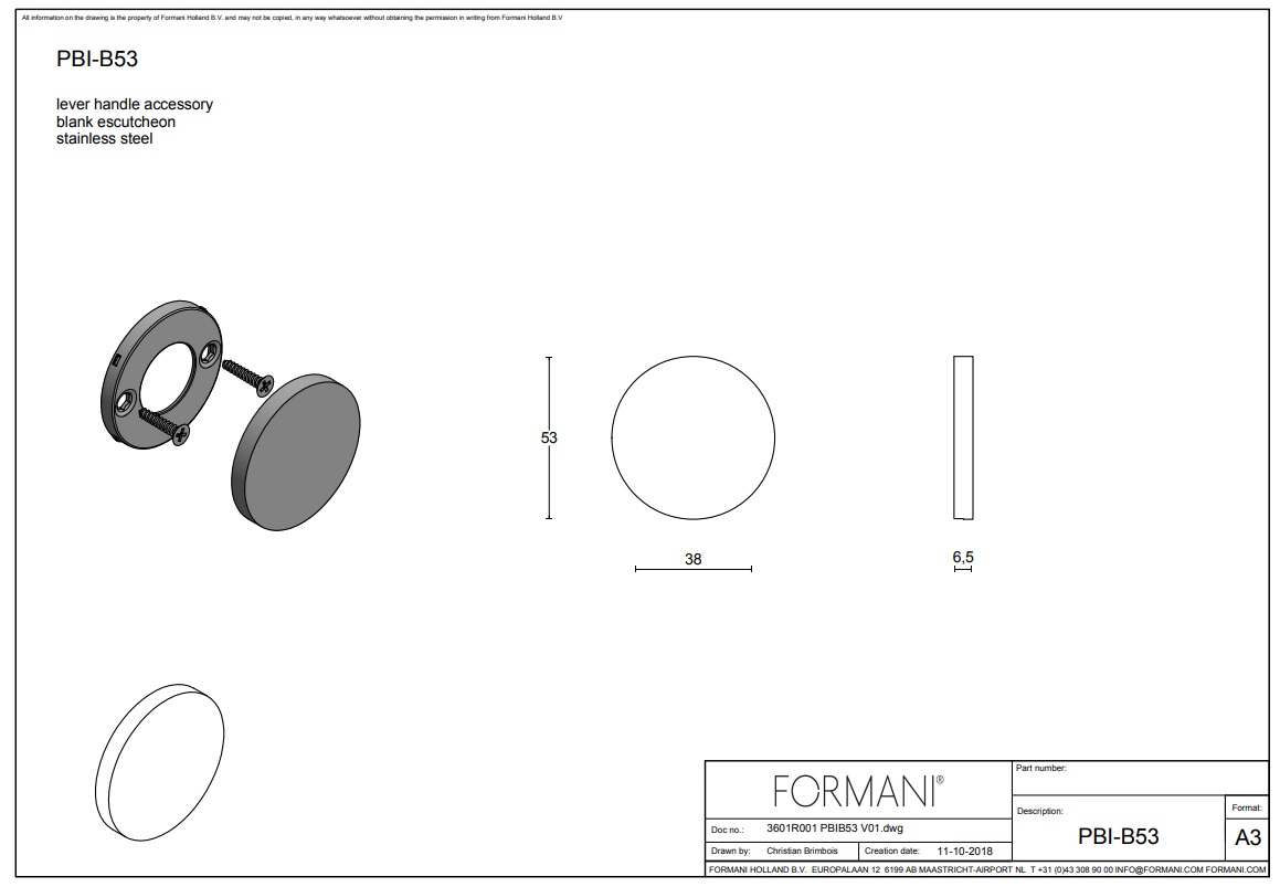 Tek. blindplaatje PBIB53 PVD licht brons rond 53x6.5mm - Formani 3601R001BLXX0 - Deurbeslag-en-meer.nl