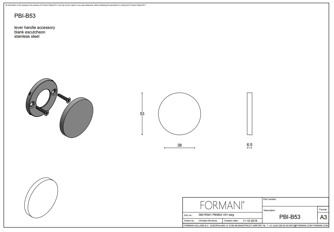 Tek. blindplaatje PBIB53 mat RVS rond 53x6.5mm - Formani 3601R001INXX0 - Deurbeslag-en-meer.nl