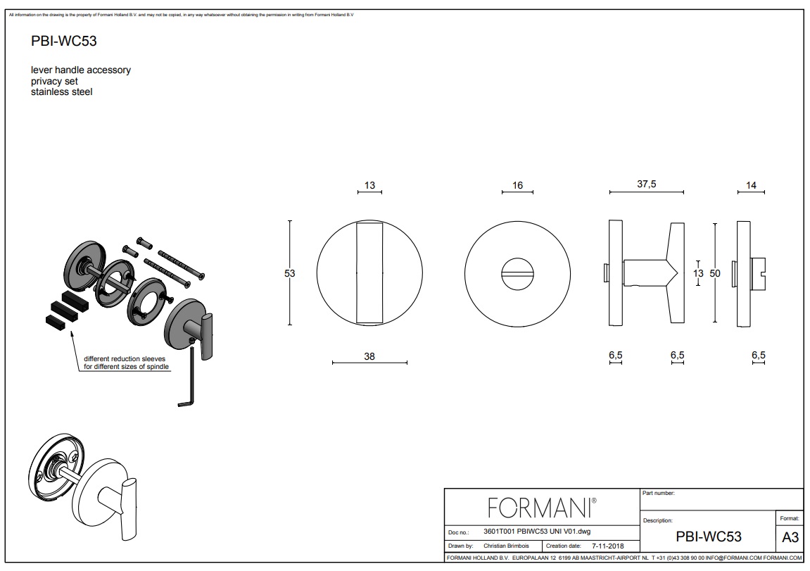 Tek. toiletgarnituur PBIWC53 mat RVS rond 53x6.5mm - Formani 3601T001INXX0 - Deurbeslag-en-meer.nl