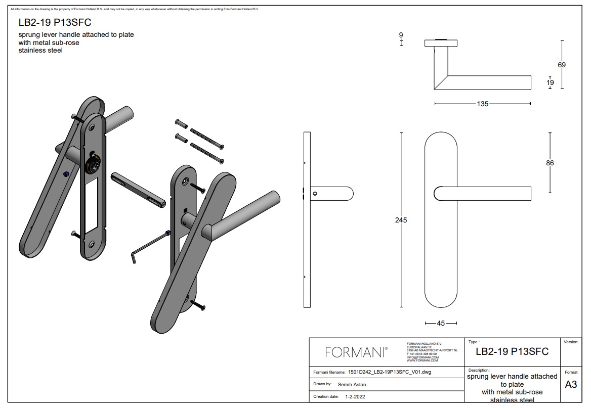 Tek. deurkruk LB2-19P13SFC op ovaal schild blind - Formani 1501D242 - Deurbeslag-en-meer.nl