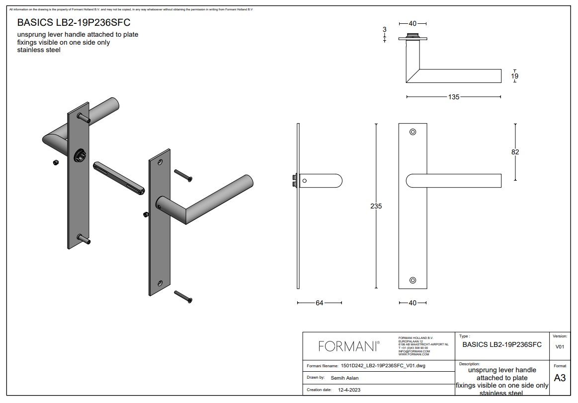 Tek. deurkruk LB2-19P236SFC op rechthoekig schild blind - Formani 1501D242 - Deurbeslag-en-meer.nl