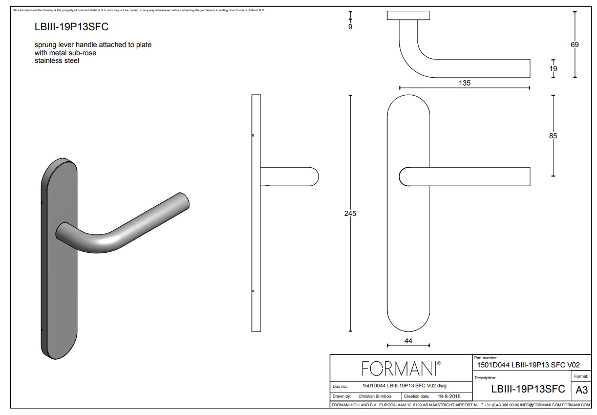 Tek. deurkruk LB3-19P13SFC op ovaal schild blind - Formani 1501D244 - Deurbeslag-en-meer.nl