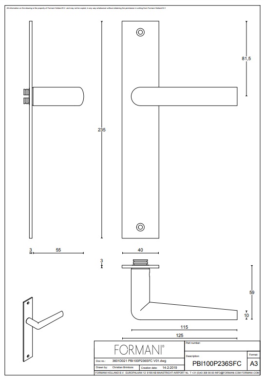 Tek. deurkruk PBI100P236SFC op rechthoekig schild blind - Formani 3601D021 - Deurbeslag-en-meer.nl