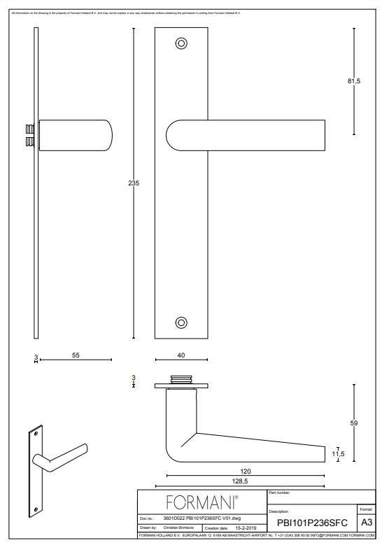 Tek. deurkruk PBI101P236SFC op rechthoekig schild blind - Formani 3601D022 - Deurbeslag-en-meer.nl