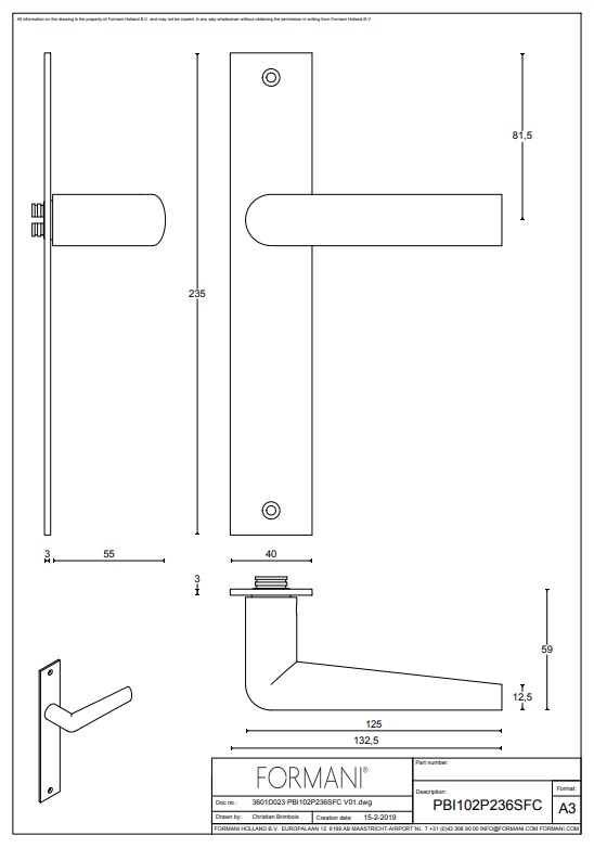 Tek. deurkruk PBI102P236SFC op rechthoekig schild blind - Formani 3601D023 - Deurbeslag-en-meer.nl