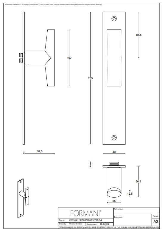 Tek. deurkruk PBI103P236SFC op rechthoekig schild blind - Formani 3601D024 - Deurbeslag-en-meer.nl