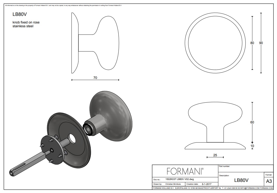 Tek. voordeurknop LB80V 80/90mm - Formani 1502K037INXX0 - Deurbeslag-en-meer.nl