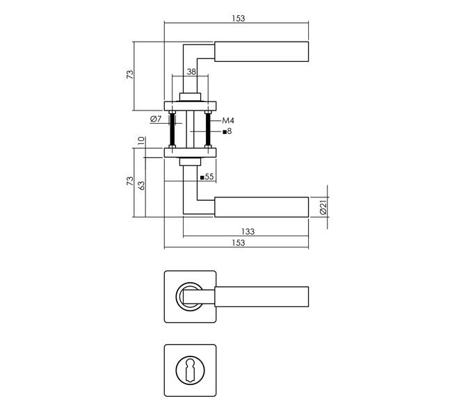 Tek. deurkruk Bau-Stil op vierkant rozet incl. sleutelrozetten messing titaan PVD - Intersteel 0013.174103 - Deurbeslag-en-meer.nl