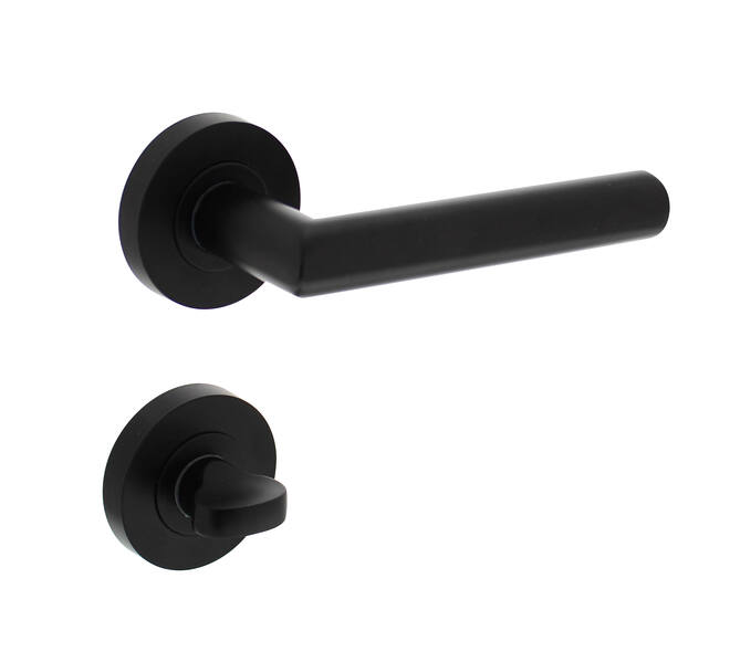 Deurkruk Bastian op rond rozet incl. WC-sluiting 8mm mat zwart - Intersteel 0023.169310 - Deurbeslag-en-meer.nl