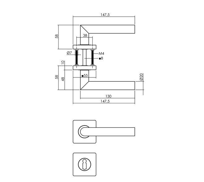 Tek. deurkruk Bastian op vierkant rozet incl. sleutelrozetten mat zwart - Intersteel 0023.170703 - Deurbeslag-en-meer.nl
