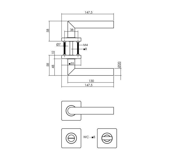 Tek. deurkruk Bastian op vierkant rozet incl. WC-sluiting 8mm mat zwart - Intersteel 0023.170710 - Deurbeslag-en-meer.nl