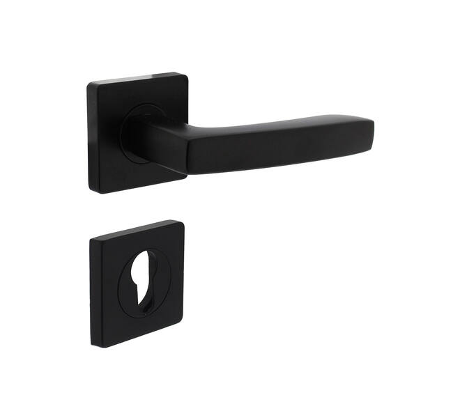Deurkruk Minos op vierkant rozet incl. cilinderrozetten mat zwart - Intersteel 0023.171205 - Deurbeslag-en-meer.nl