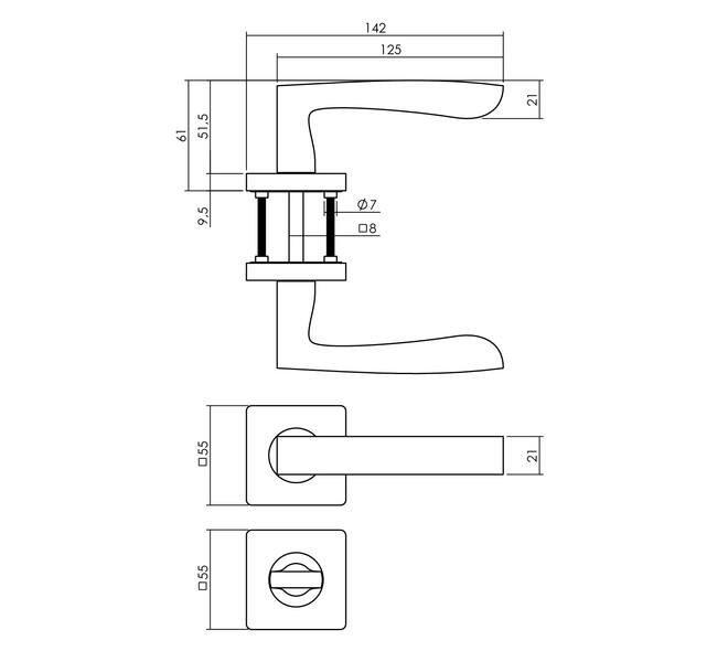Tek. deurkruk Minos op vierkant rozet incl. WC-sluiting 8mm mat zwart - Intersteel 0023.171210 - Deurbeslag-en-meer.nl