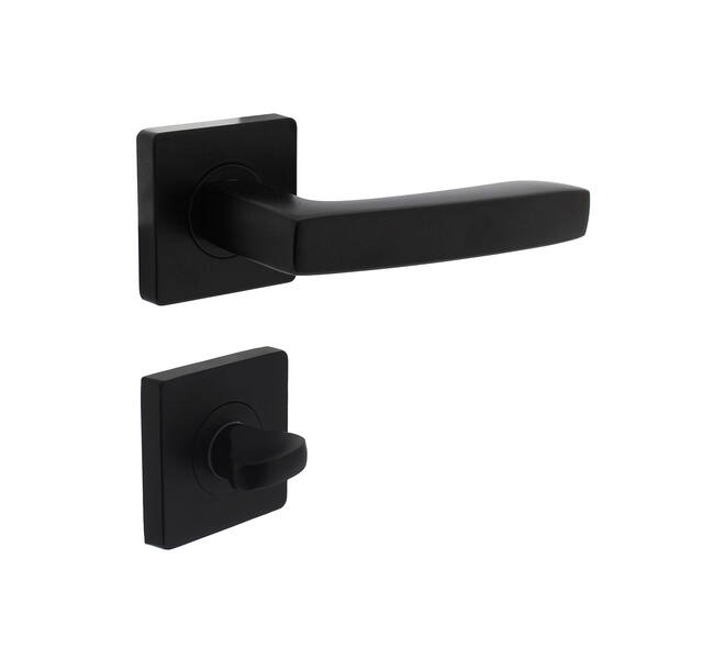 Deurkruk Minos op vierkant rozet incl. WC-sluiting 8mm mat zwart - Intersteel 0023.171210 - Deurbeslag-en-meer.nl