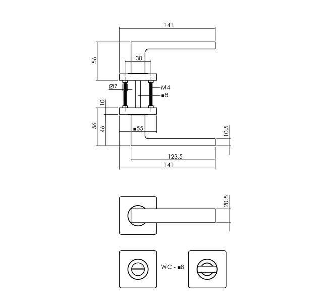 Tek. deurkruk Hera op vierkant rozet incl. WC-sluiting 8mm mat zwart - Intersteel 0023.171310 - Deurbeslag-en-meer.nl