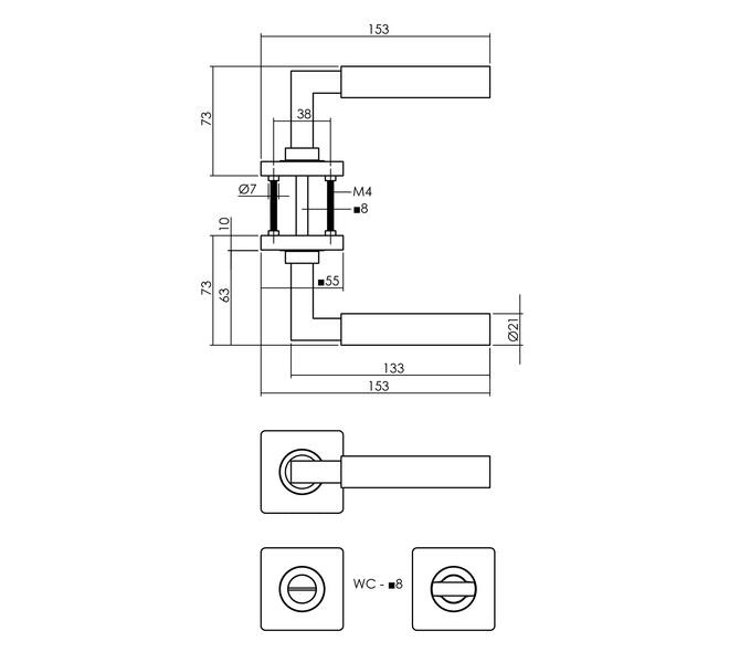 Tek. deurkruk Bau-Stil op vierkant rozet incl. WC-sluiting 8mm mat zwart - Intersteel 0023.174110 - Deurbeslag-en-meer.nl