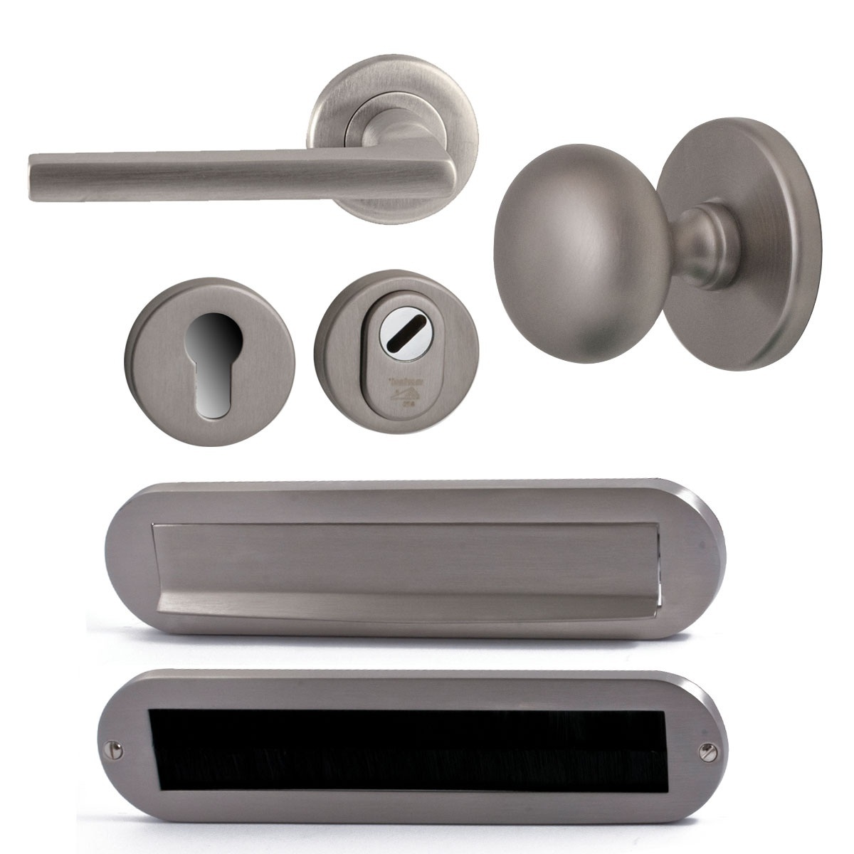 Voordeurset compleet Iris+Sara PVD inox SKG3 links - Mariani V3224112L - Deurbeslag-en-meer.nl