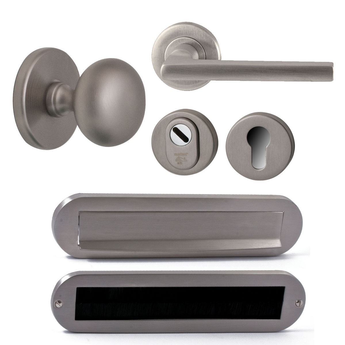 Voordeurset compleet Iris+Sara PVD inox SKG3 rechts - Mariani V3224112R - Deurbeslag-en-meer.nl