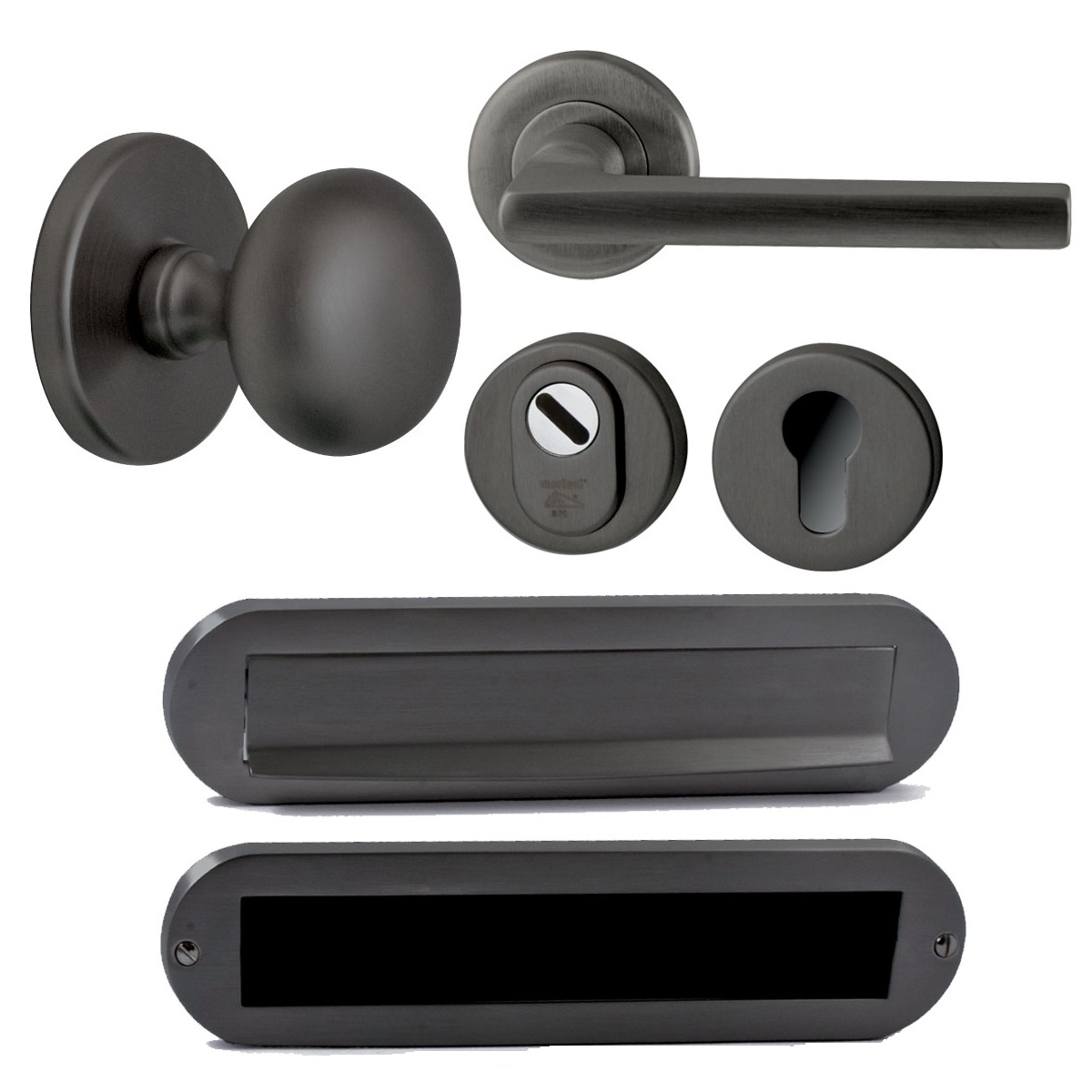 Voordeurset compleet Iris+Sara PVD gun metal SKG3 rechts - Mariani V3224115R - Deurbeslag-en-meer.nl