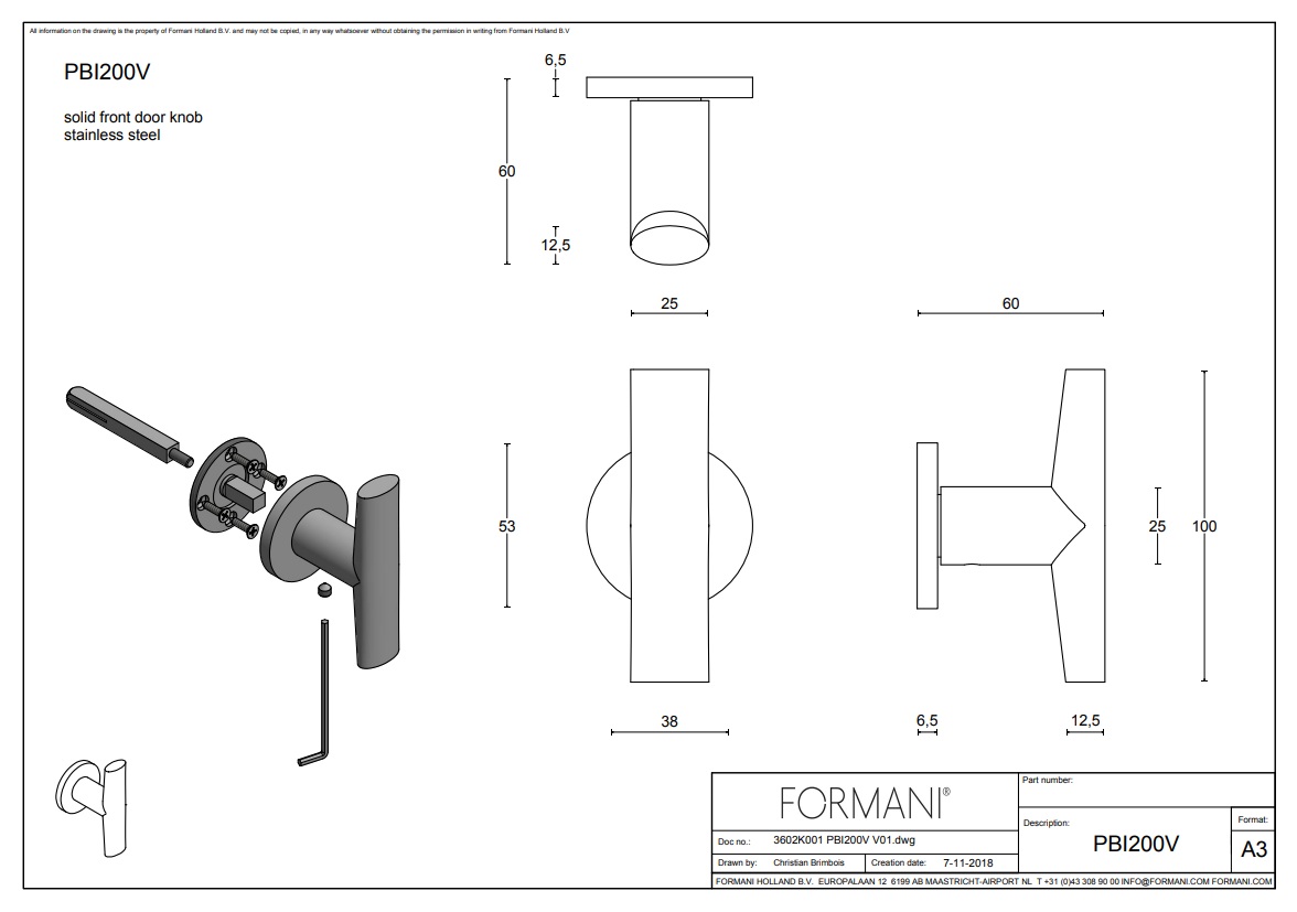 Tek. voordeurknop PBI200V 100/53mm - Formani 3602K001..XX0 - Deurbeslag-en-meer.nl